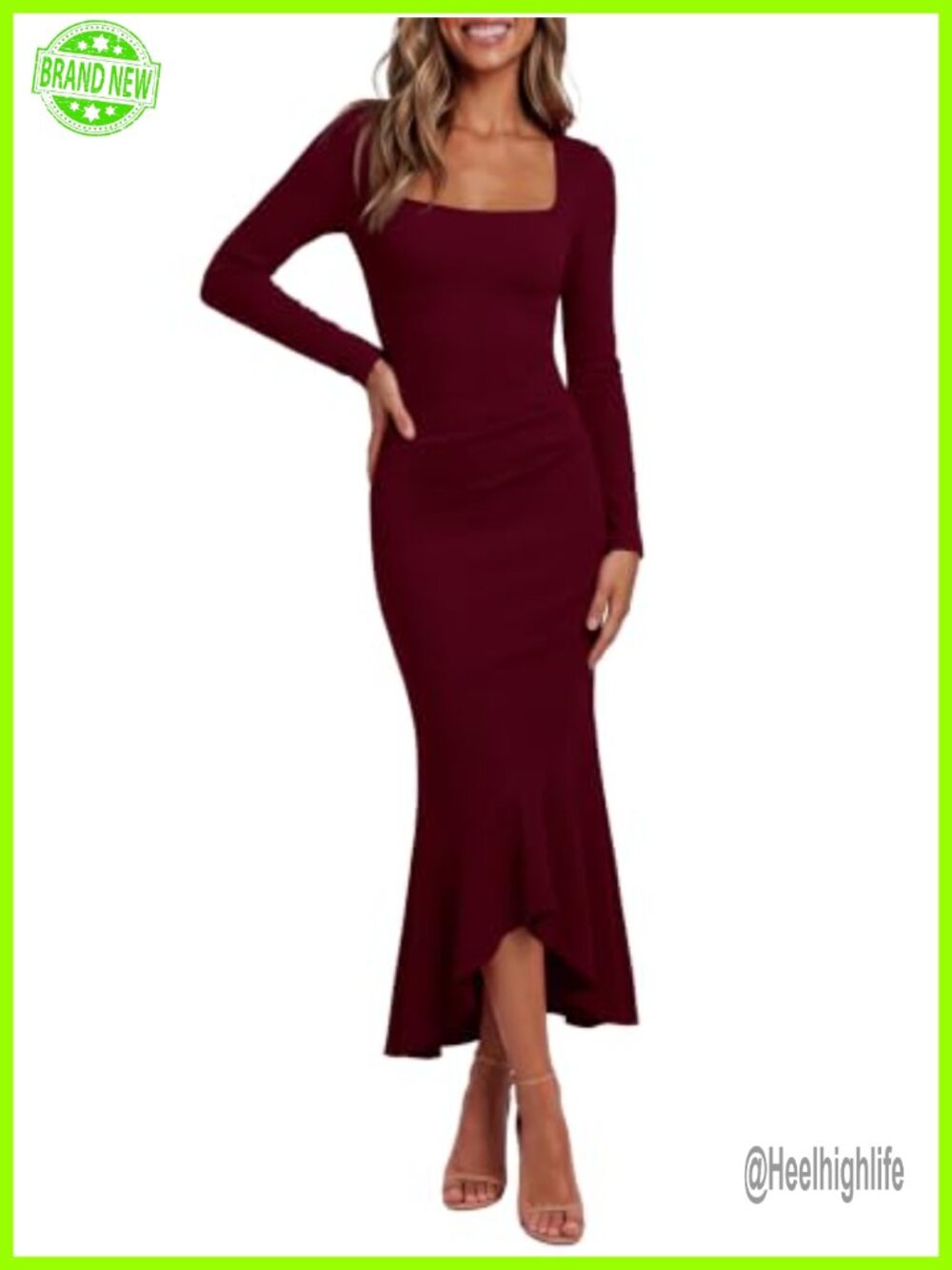 Womens Long Sleeve Slim Fit Midi Formal Cocktail Dress Square Neck Mermaid Hem